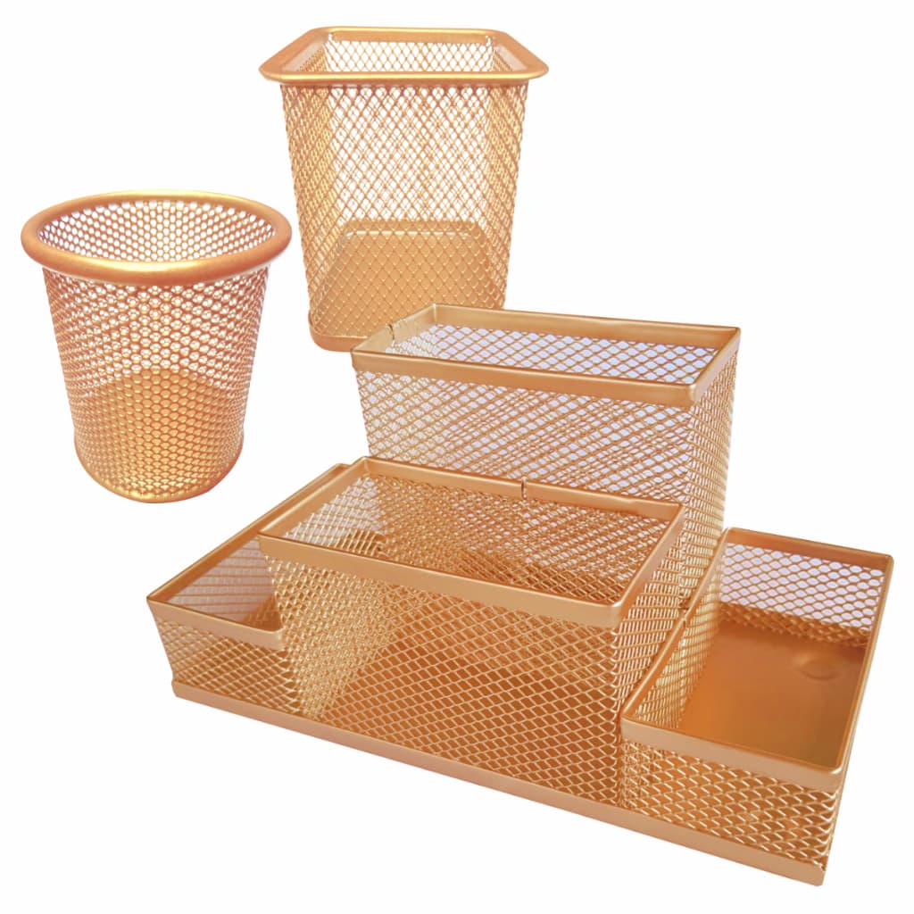 Kit 3 Organizador De Mesa Dourado Porta Caneta 4 Divisórias Treco Redondo Quadrado