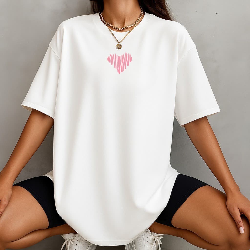 Camiseta Oversized Coração Feminina - 100% Algodão