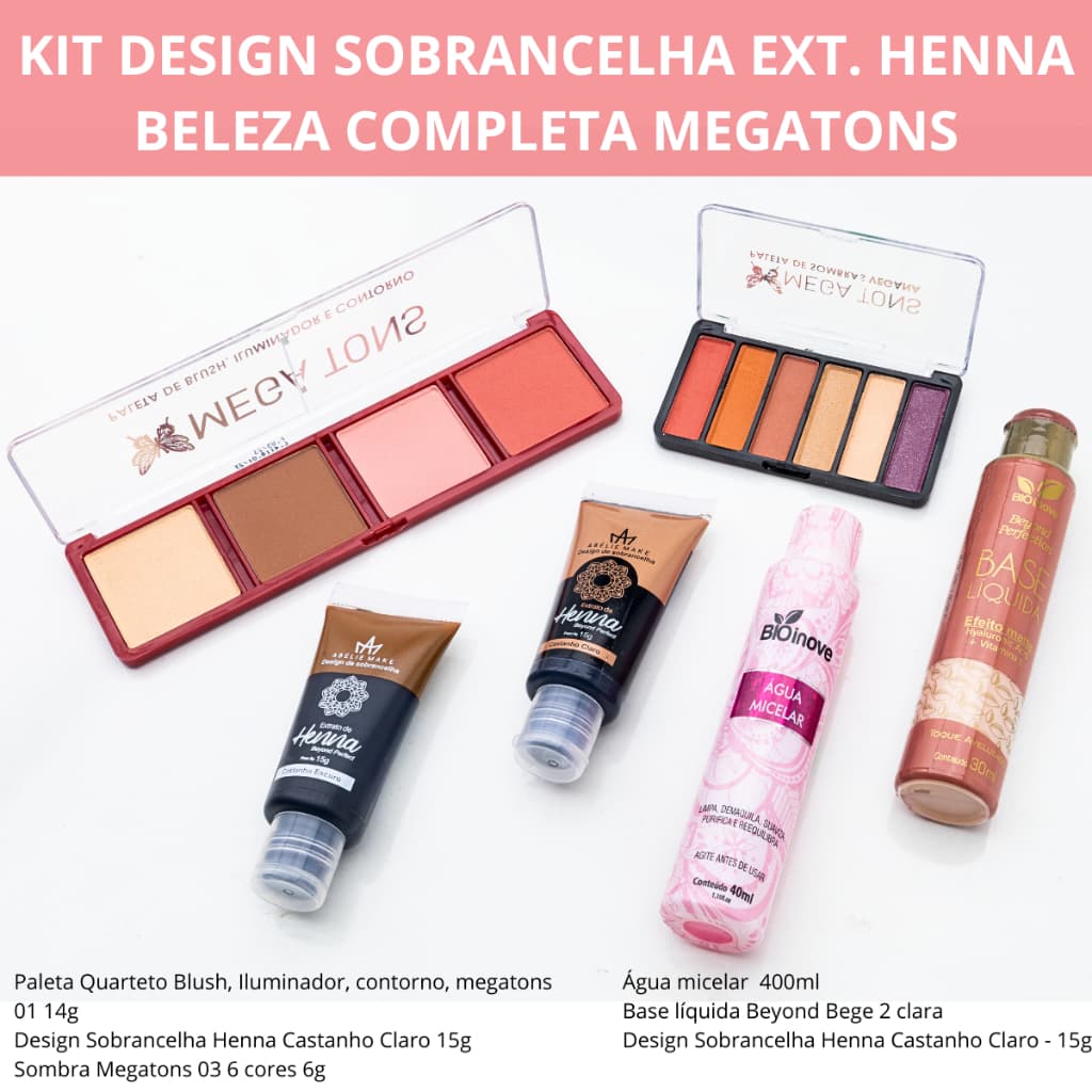 Kit Maquiagem Água Micelar + Paleta Blush, Iluminador, Contorno + Base Líquida Bege 02 + Paleta Sombras + Henna Pronta