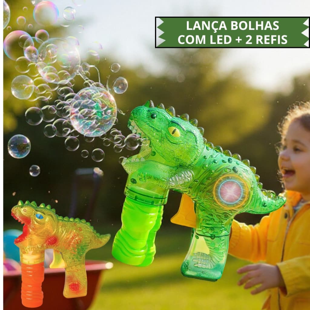 LANÇA BOLHAS INFANTIL MODELO DINOSSAURO COM LUZ LED – 2 REFIS INCLUSOS, NAO PRECISA PILHAS