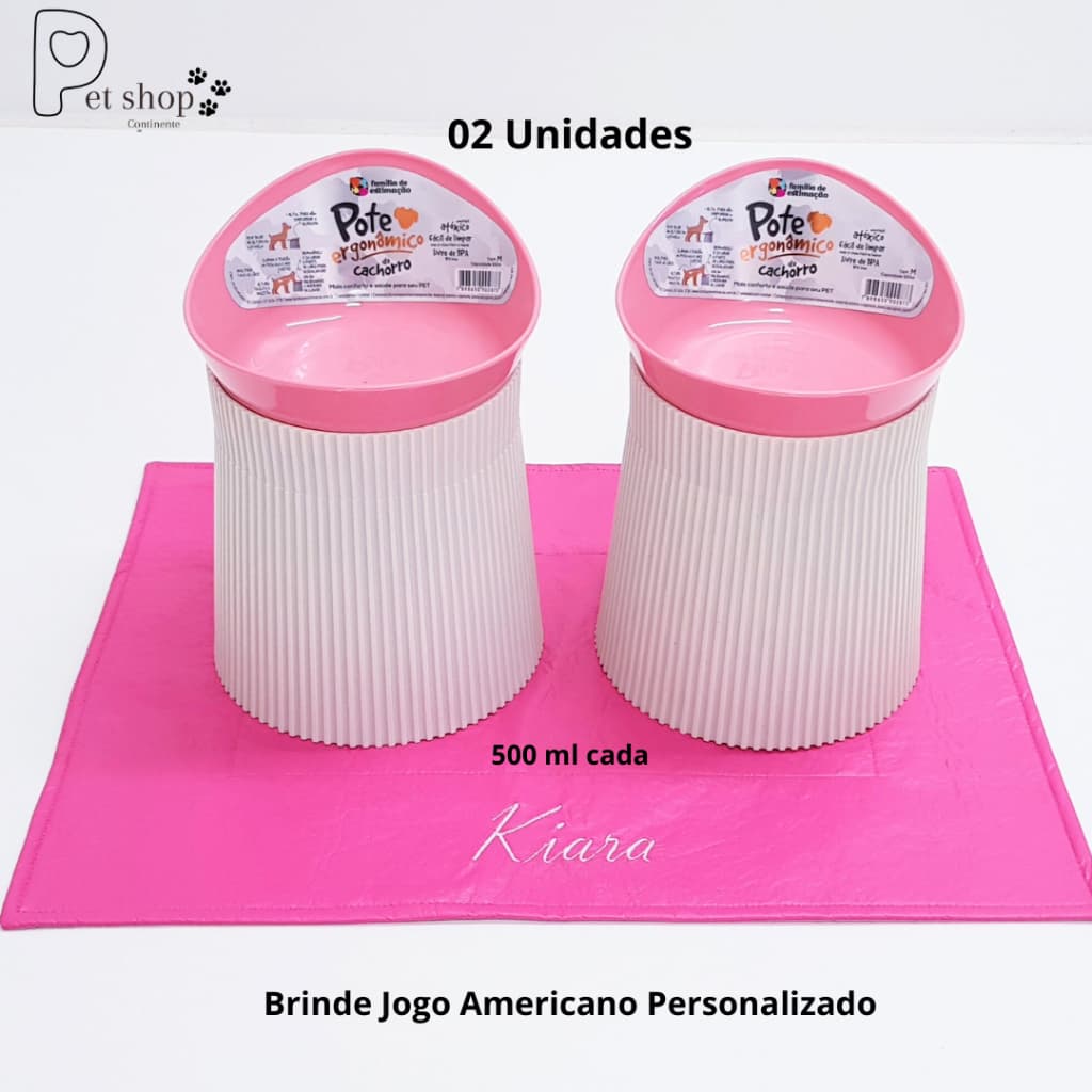 2 Comedouro Vasilha Elevado Alto Postura Pet 500ml Cada Cão  + GRÁTIS Jogo Americano Personalizado