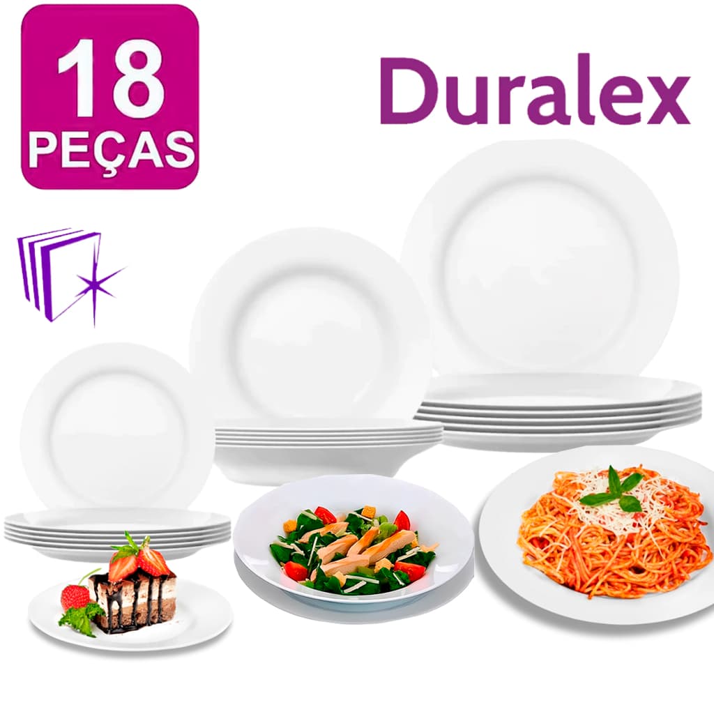 Conjunto Jogo de Pratos Branco Vidro Opaline 18 Unidades Menu 6 Sobremesa 6 Fundos 6 Raso Design Luxo