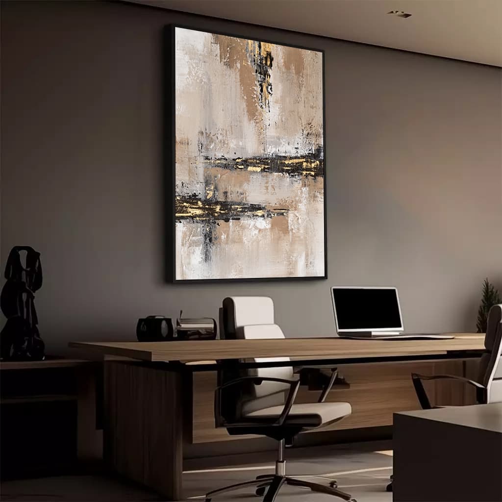 Quadro Abstrato Bege Dourado Preto Escritório Elegante Moderno