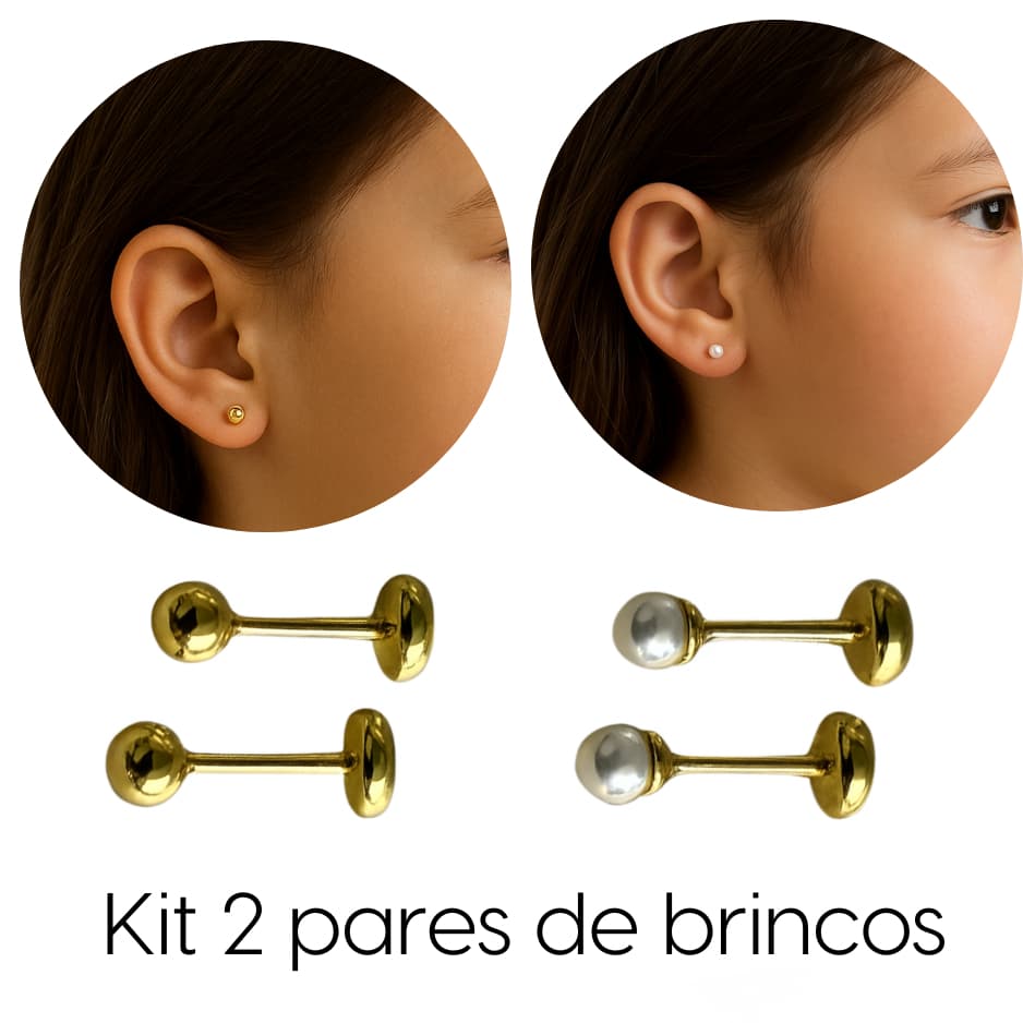 Kit 2 Pares de Brincos Infantil 3mm Pérola e Bola Dourado Folheado a Ouro  - Tarracha Baby + BRINDE-ENVIO IMEDIATO