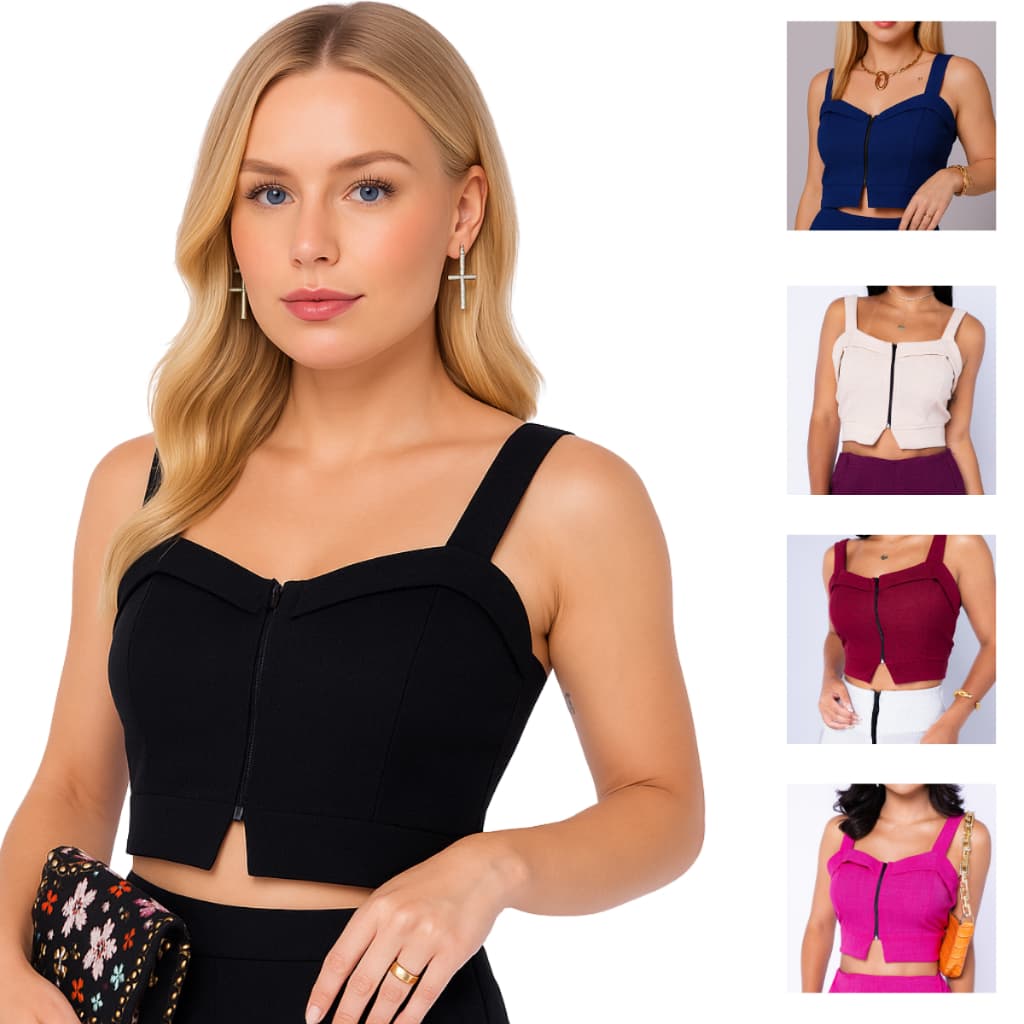 Cropped Social Feminino Linhão Alças Com Zíper Moda Verão 2025 Diversas Cores