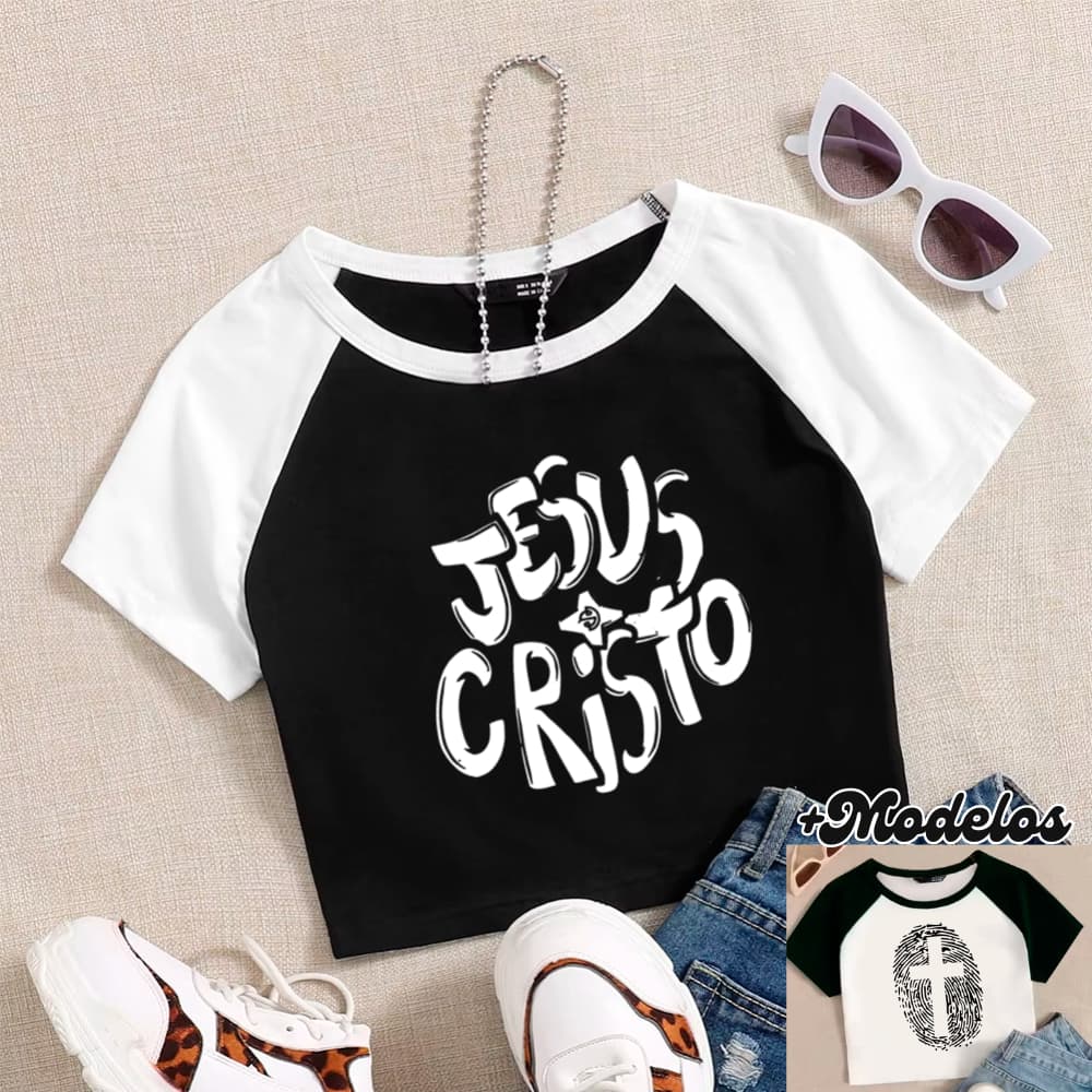 Cropped RAGLAN, Modelo AMO JESUS CRUZ - Moda Cristã Religiosa Blogueira Estilosa Igreja Modal