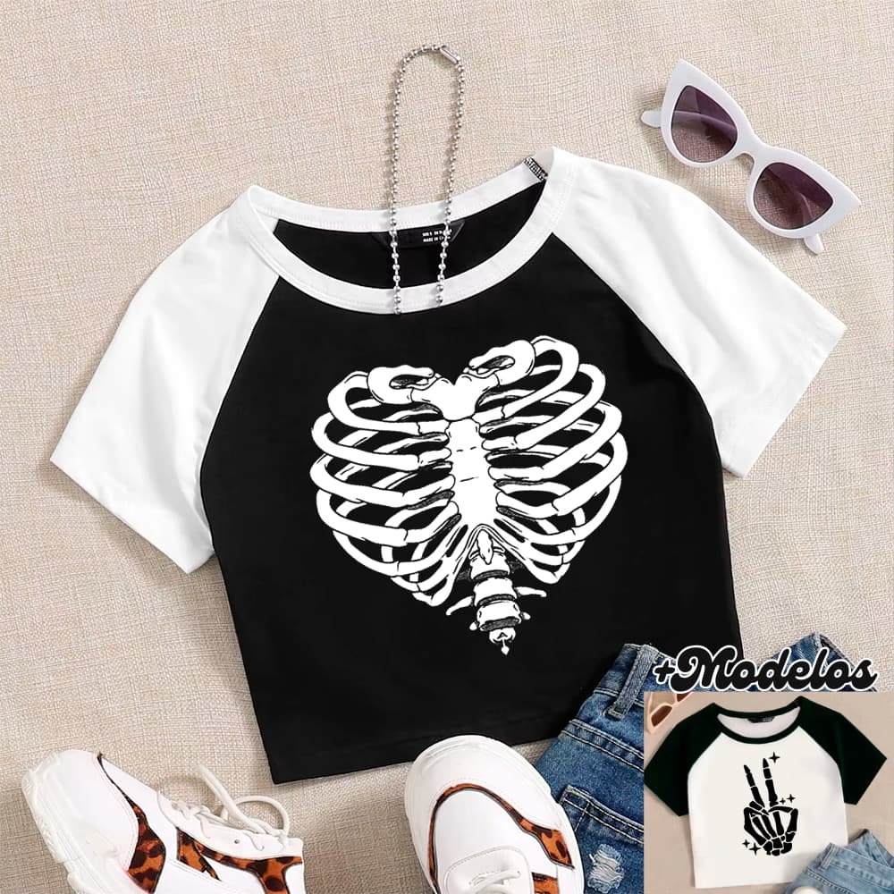 Cropped RAGLAN, Modelo BONEHEART - Alternativa Y2K Blogueira Grunge Punk Streetwear Goth