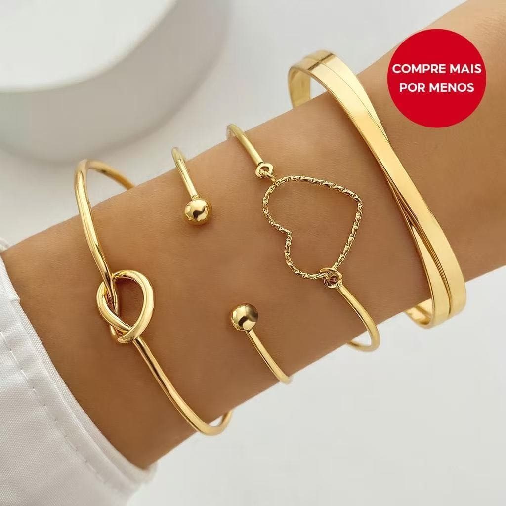 Conjunto de 4 pulseiras ajustáveis ​​em forma de coração - Acessórios elegantes e empilháveis ​​para mulher