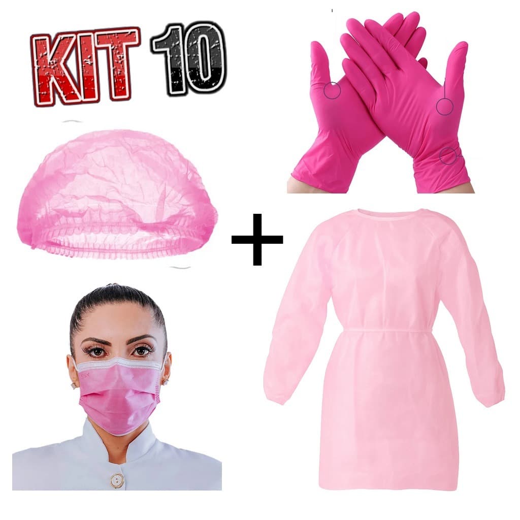 Kit avental + luva nitrílica + touca + máscara  TNT com Anvisa na cor rosa