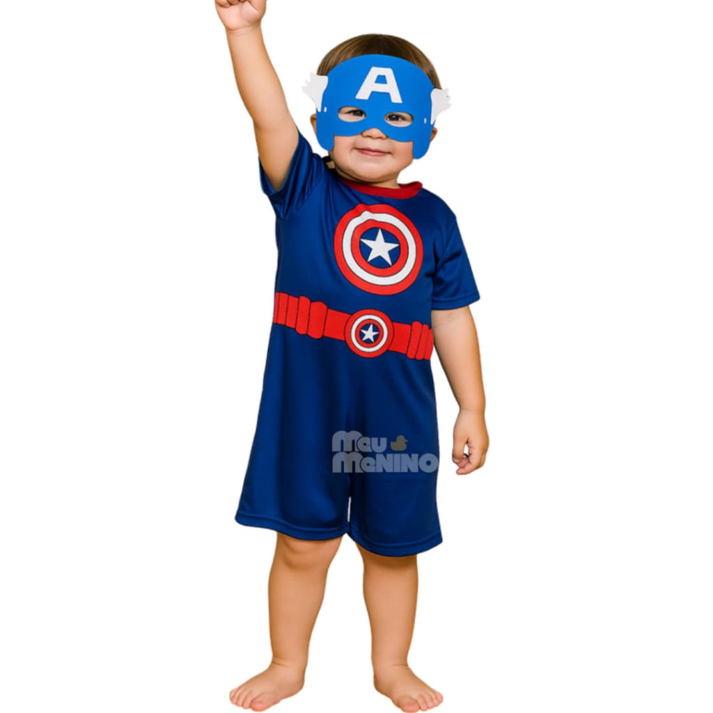 Fantasia Infantil Capitão América Menino Com Mascara Azul Macacão Carnaval