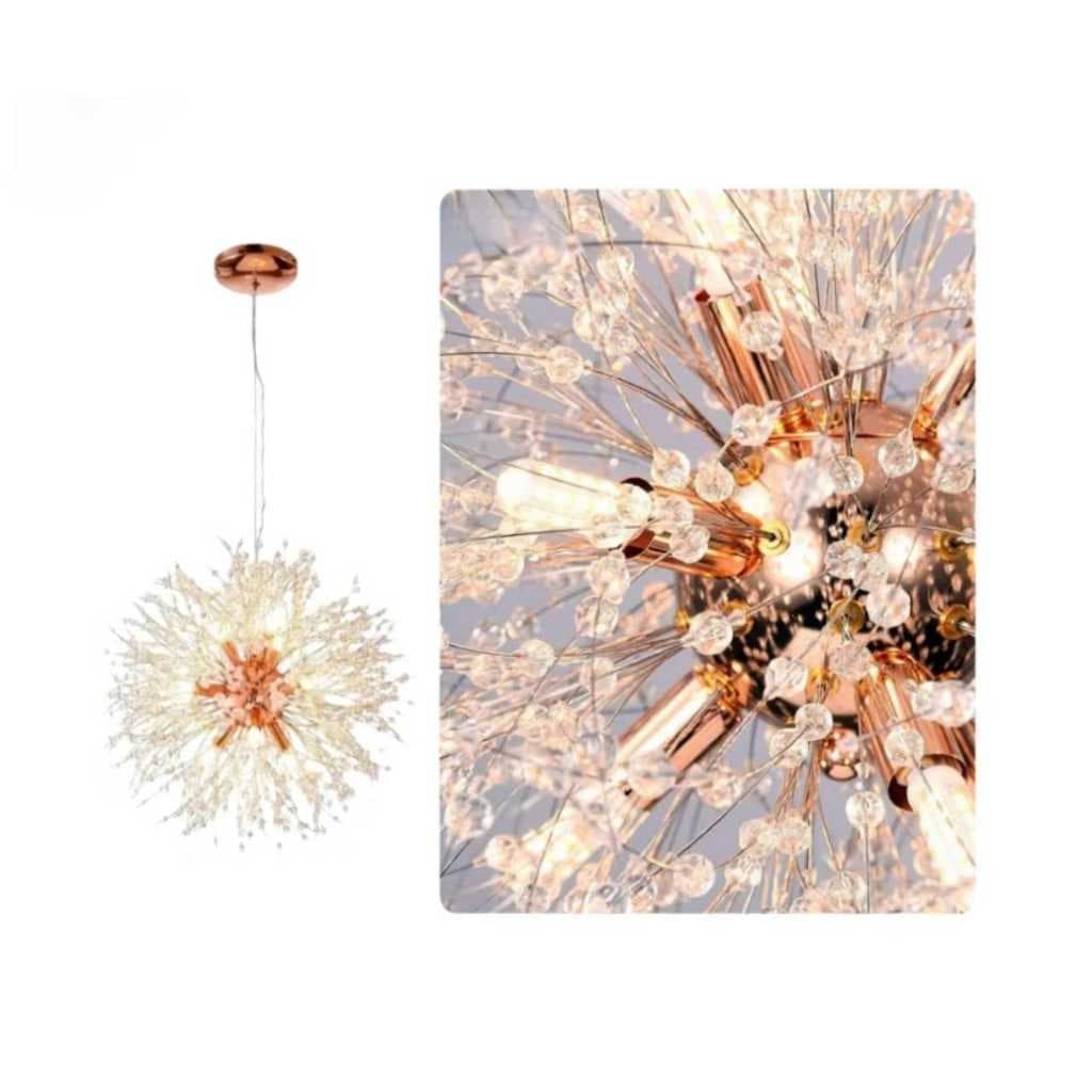 Pendente Lustre Dente de Leão Cristal Rose - Cromado - Dourado 55 Cm Com Cabo Ajustável - Bivolt
