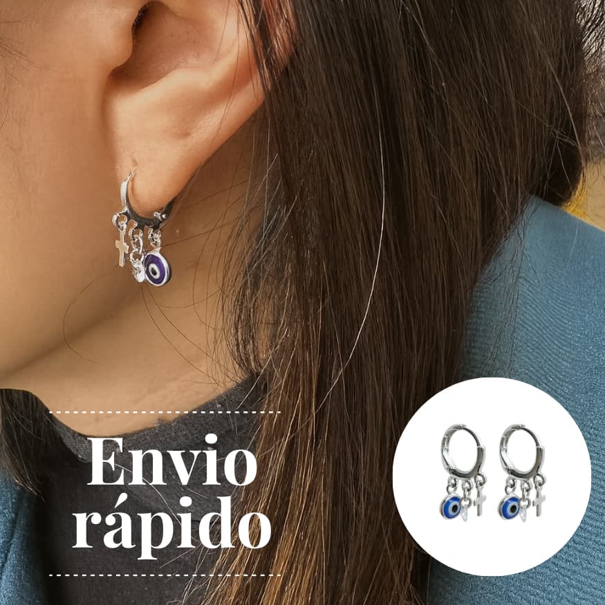 Brinco Argola clip Pequena Folheado a Prata com Pingente Cruz e Olho Grego - Brinco da sorte-ENVIO IMEDIATO