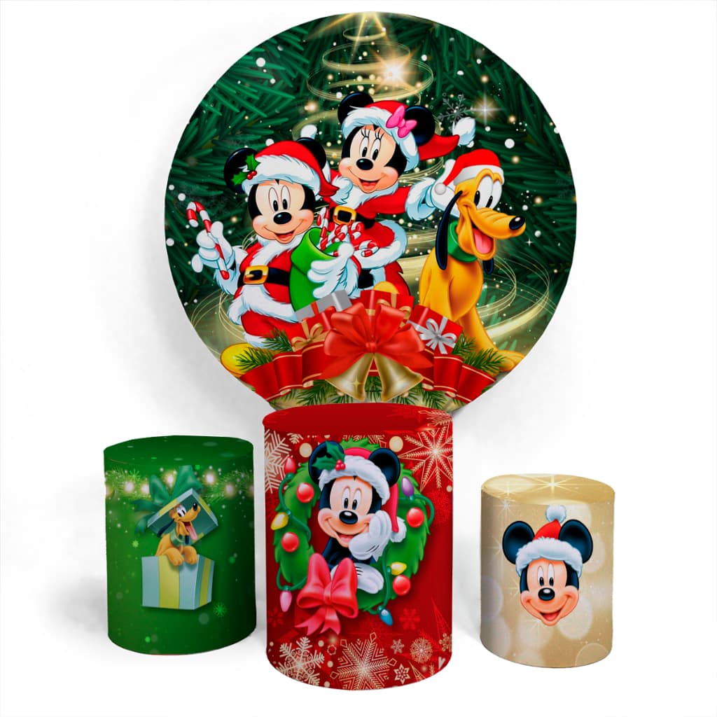 Kit Painel Mickey Mouse Natal Evento Decorativo Divertido Painel Redondo + Trio Completo Alta Qualidade Premium