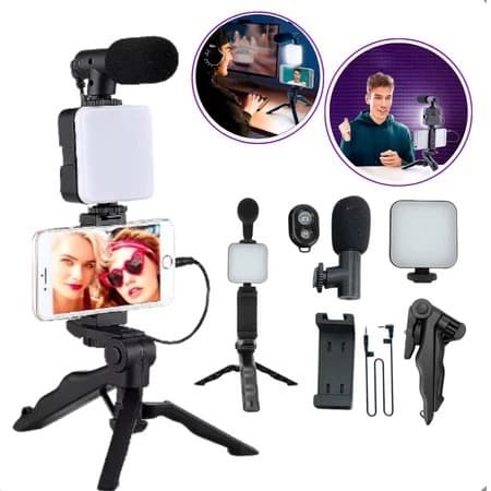 Kit Youtuber 5 em 1 Tripé Suporte Celular com LED e Microfone Vlog Live Gravação de Vídeo Completo