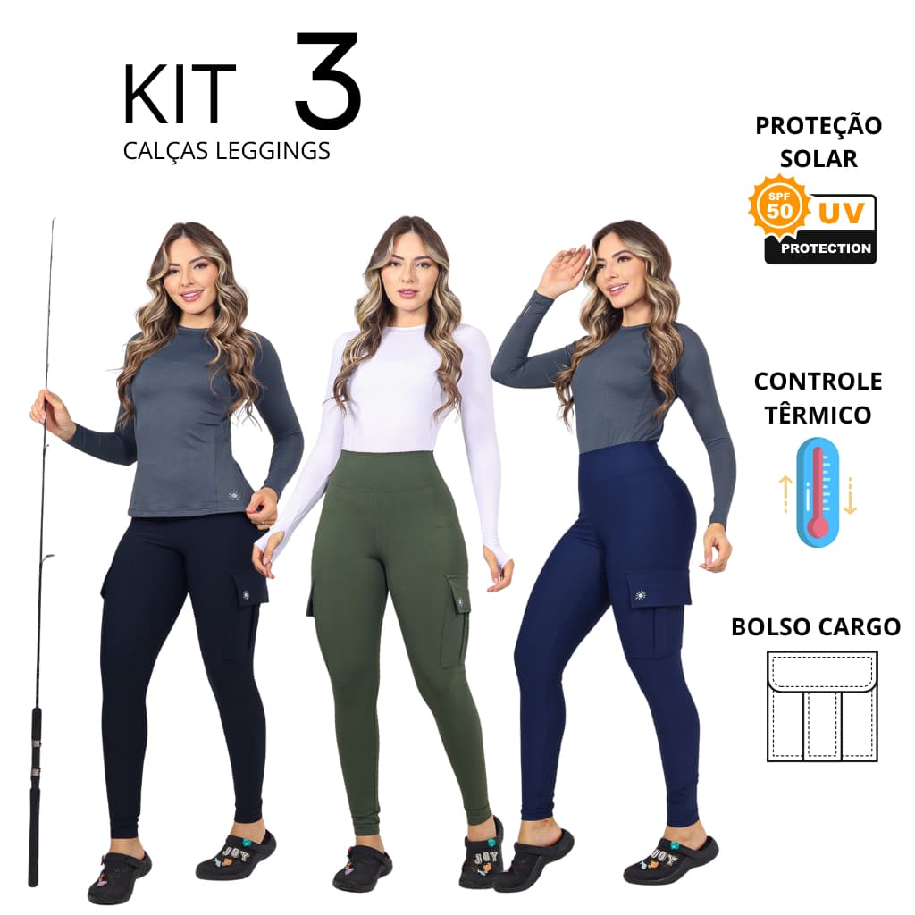 Kit c/3  Calças de Pesca Feminina com bolso cargo e proteção solar fator uv50+
