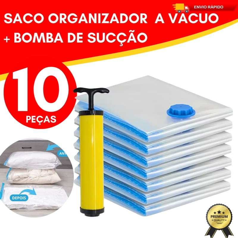 Kit 10 Saco a Vácuo e Bomba de Sucção Manual Organização de Roupas Mala Viagem Guarda Roupas
