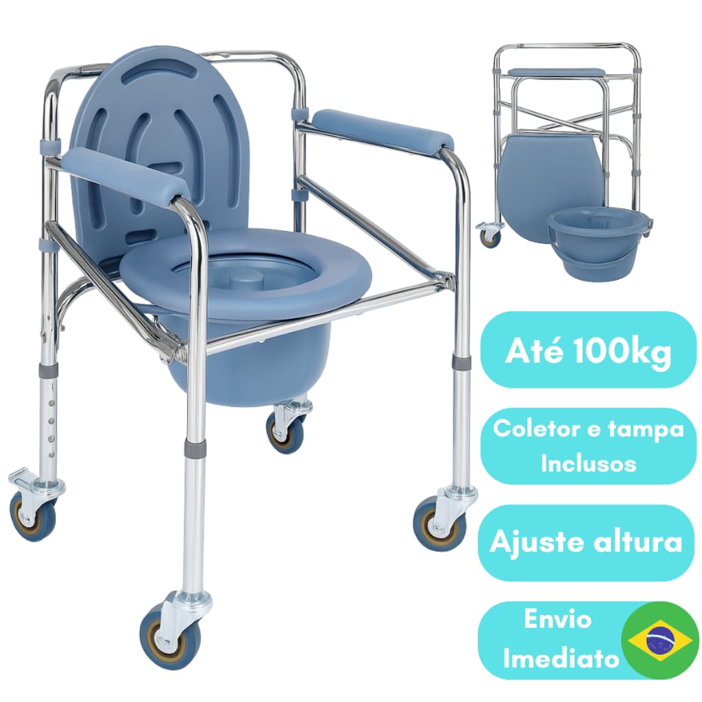 Cadeira de Banho Para Idoso Dobrável com Rodas Higiênica Sanitária 100kg Supermedy