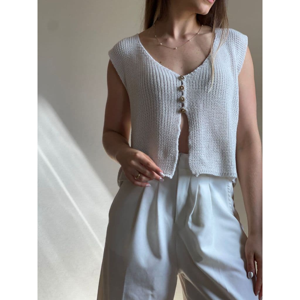 Colete Tricot Botões Cropped Trico Verão Moda Feminina Coletinho