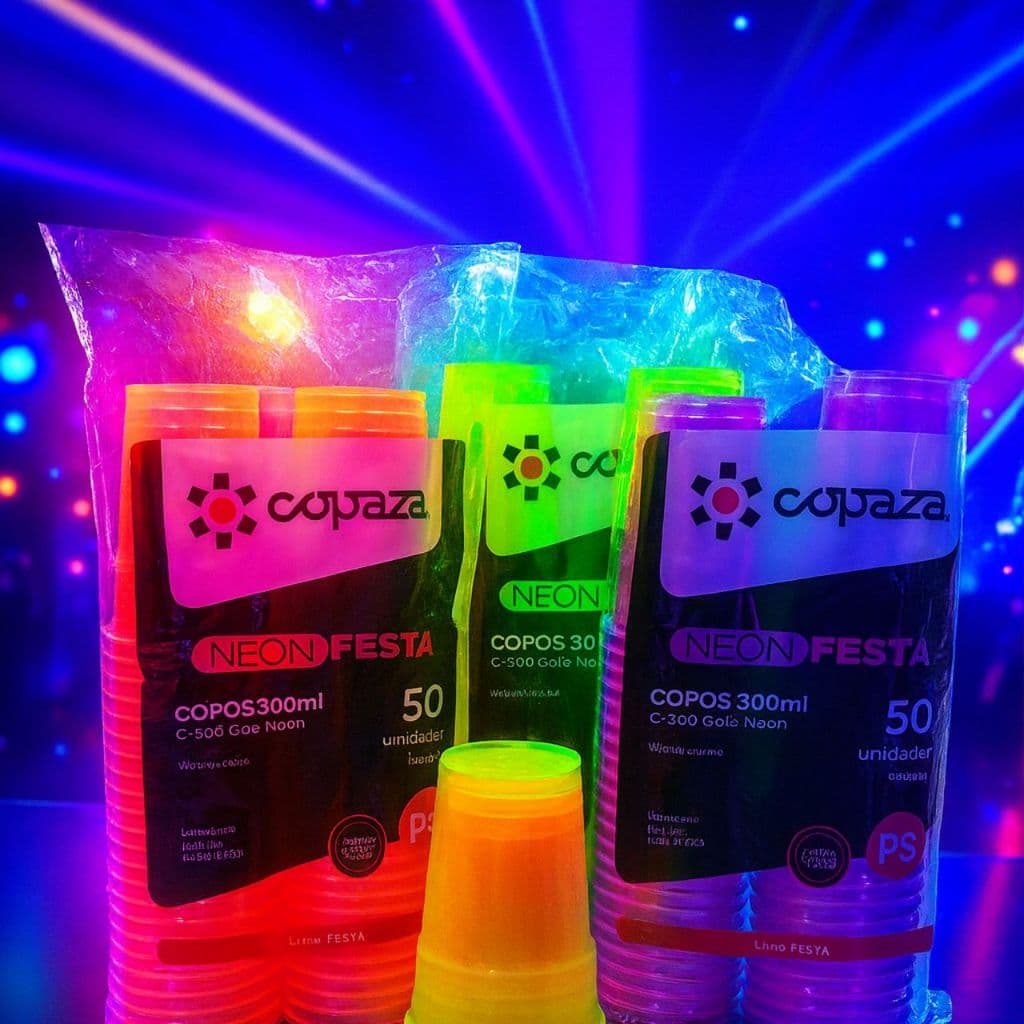 50 COPOS NEON SENDO 5 CORES 10 DE CADA, 300ML COPAZA, AM, VD, ROSA, LILAS, LR