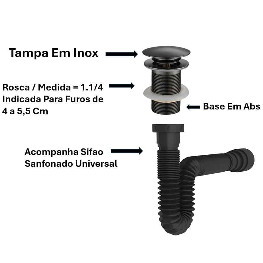 Valvula Clic Preta Tampa De Inox + Sifao Inteligente, Ralinho Clic Para Cuba, Valvula Cuba De Apoio