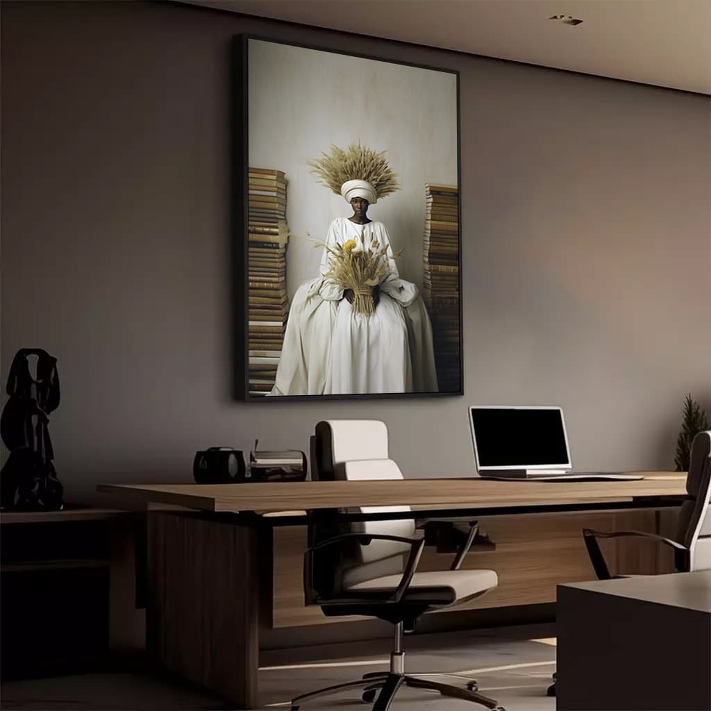 Quadro Realeza Africana Mulher Com Turbante Vestido Branco Sereno Moderno Sala
