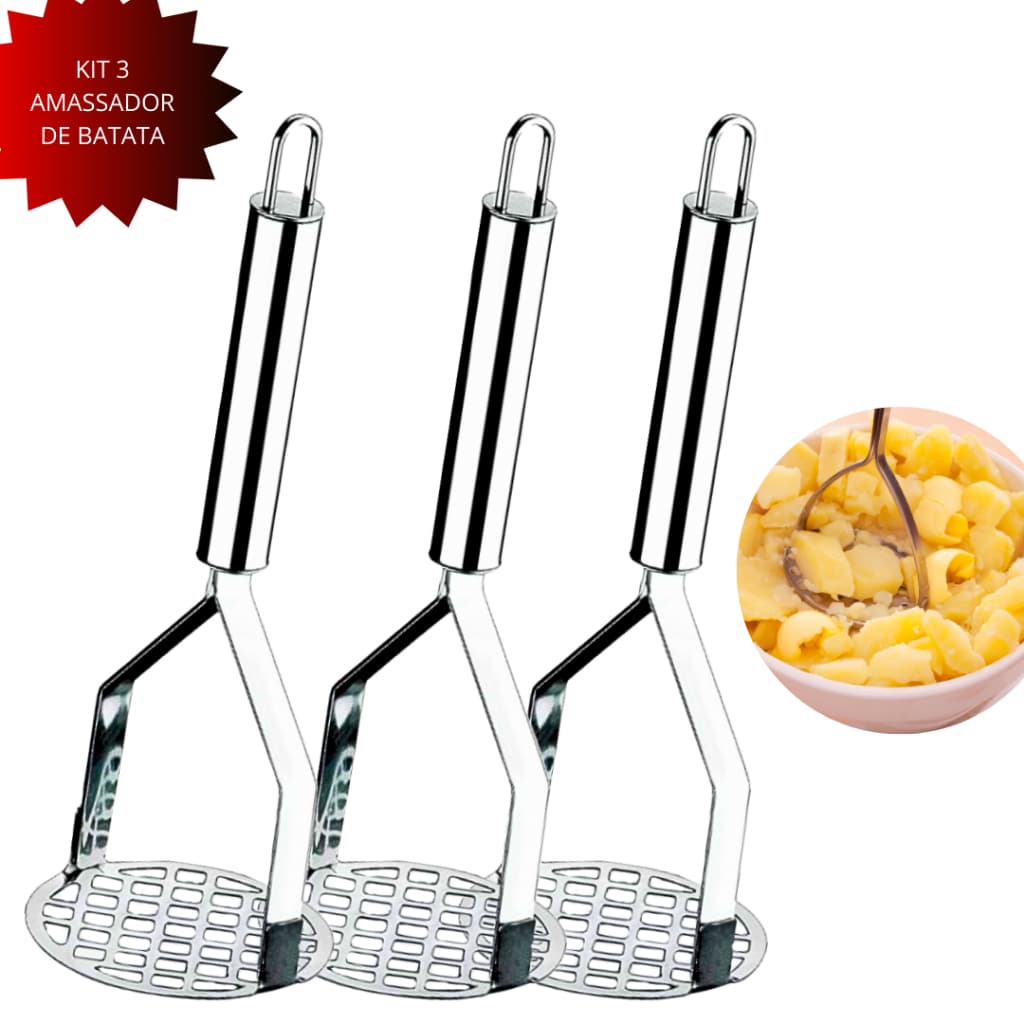 Kit Amassador De Batata Aço Inoxidável Jogo Cozinha Restaurante Utensílios 3 Unidades