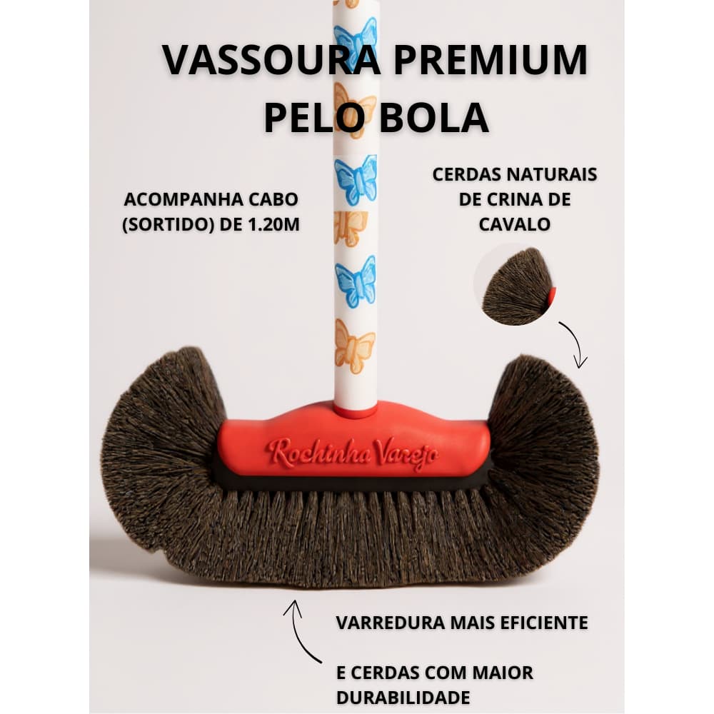 Vassoura de Pelo Bola Crina Natural COM CABO Original 100% Crina para Pisos Delicados e Móveis