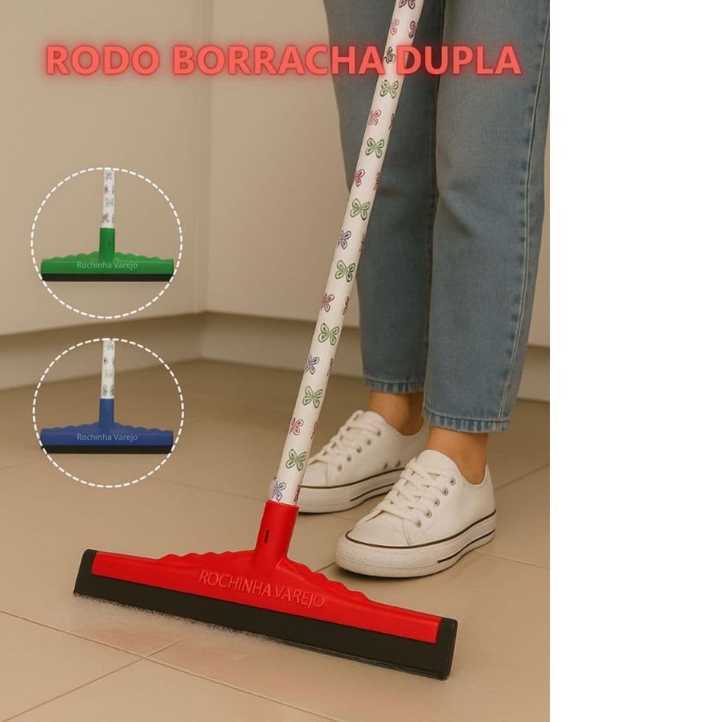 Rodo Duplo 40cm com Cabo Reforçado Borracha Resistente para Limpeza de Casa Alta Qualidade