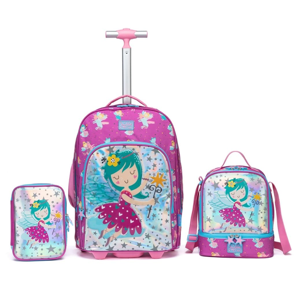 Kit Mochila Rodinha Lancheira Estojo Espaçosa Escolar Feminina Reforçada