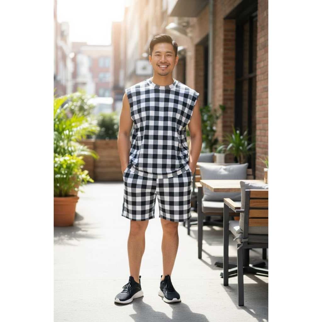 Conjunto Masculino De Verao Malha Canelado Xadrez Preto/Branco, Preto/Vermelho Importado