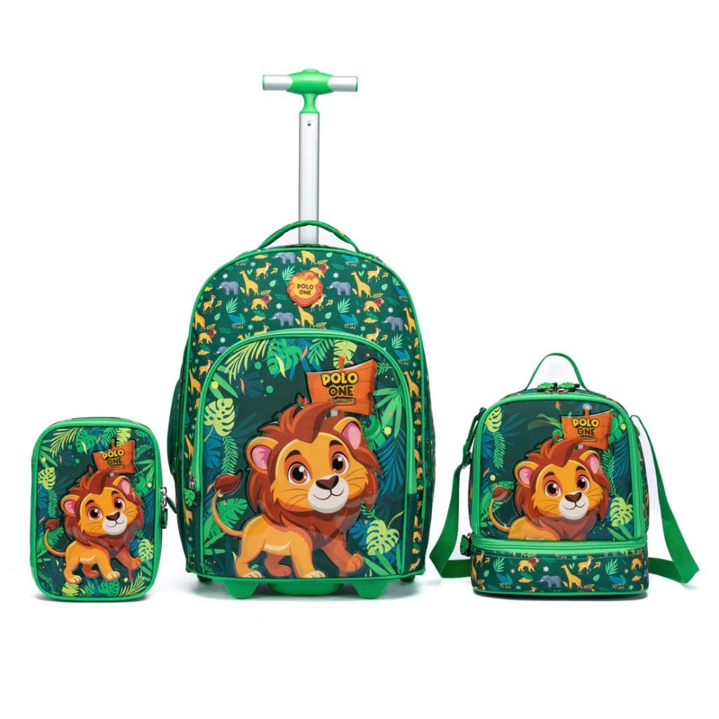 Kit Mochila Verde Rodinha Estojo Lancheira Infantil Menino Leão