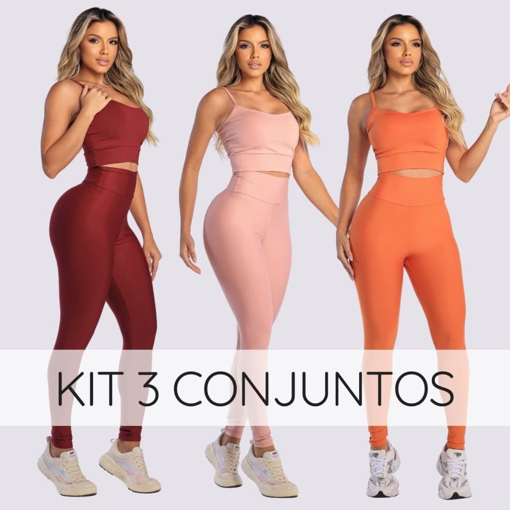 Kit 3 conjuntos calça com top e bojo removível legging feminina cintura alta suplex academia fitness