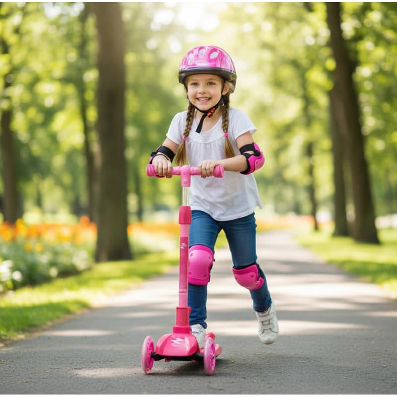Patinete 3 Rodas Sport Rosa Infantil 50kg LED Roda Kit Proteção Completo Ajustável Unitoys 3 a 6 anos menina brinquedo