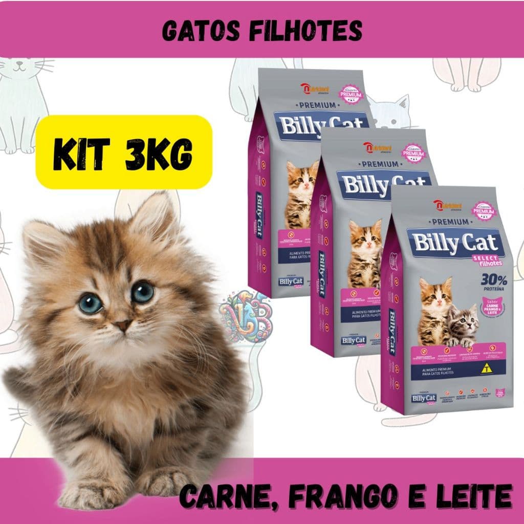 Billy Cat Ração Premium Gatos Filhotes Carne Frango e Leite 3kg