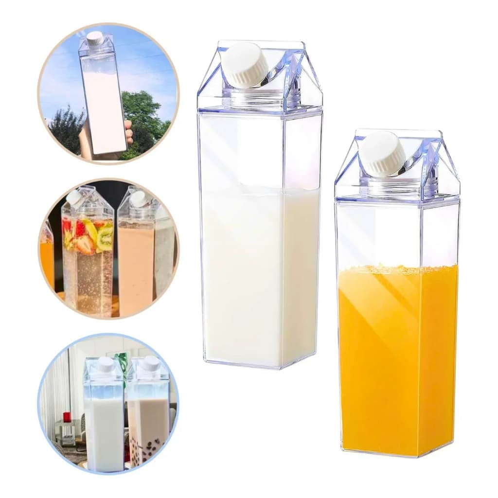 Kit com 2 Garrafas Transparente Em Formato Caixa de Leite Portátil Em Acrílico 1Litro ou 500ml