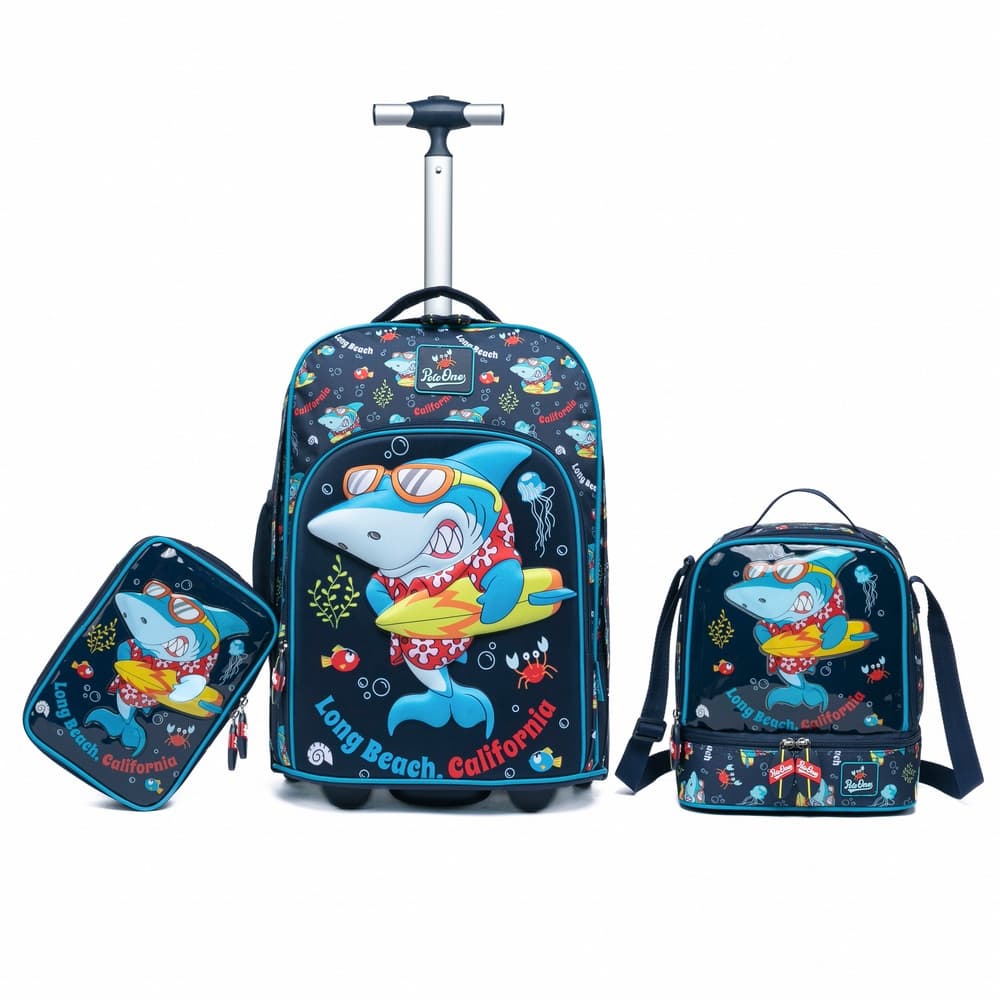 Kit Mochila Rodinha Infantil Menino Tubarão Reforçada Estojo Espaçosa