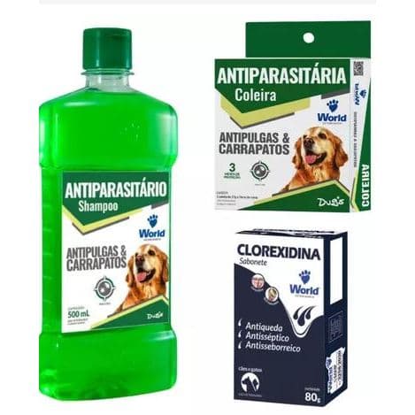 Kit Anti Pulgas e Carrapatos Shampoo Coleira Sabonete Cães - World Dug's