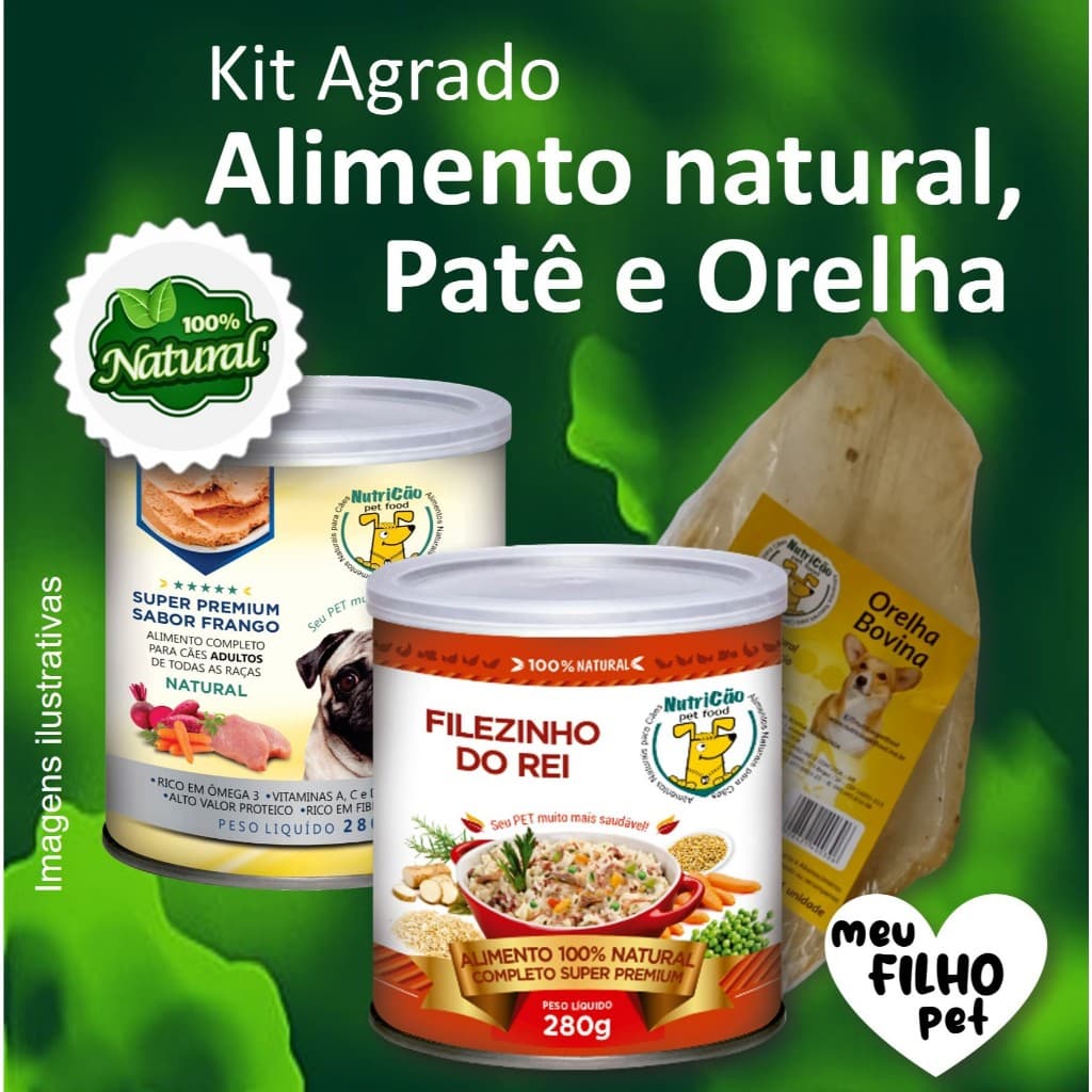 Kit Ração Úmida Alimento Natural Orelha Bovina para Cachorro Brinquedo Interativo Max Bem Estar Pet