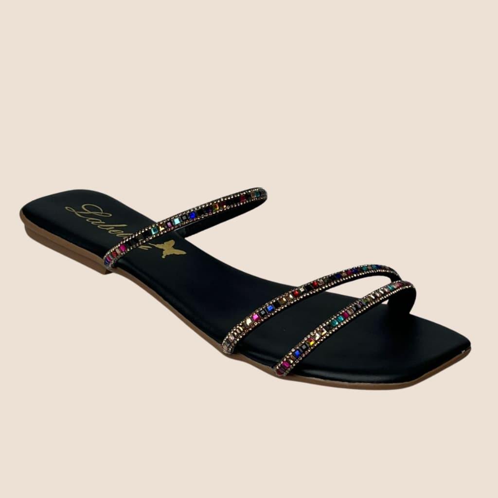 Sandália Rasteira Feminina com Brilho Strass Colorido – Look Moderno ✨