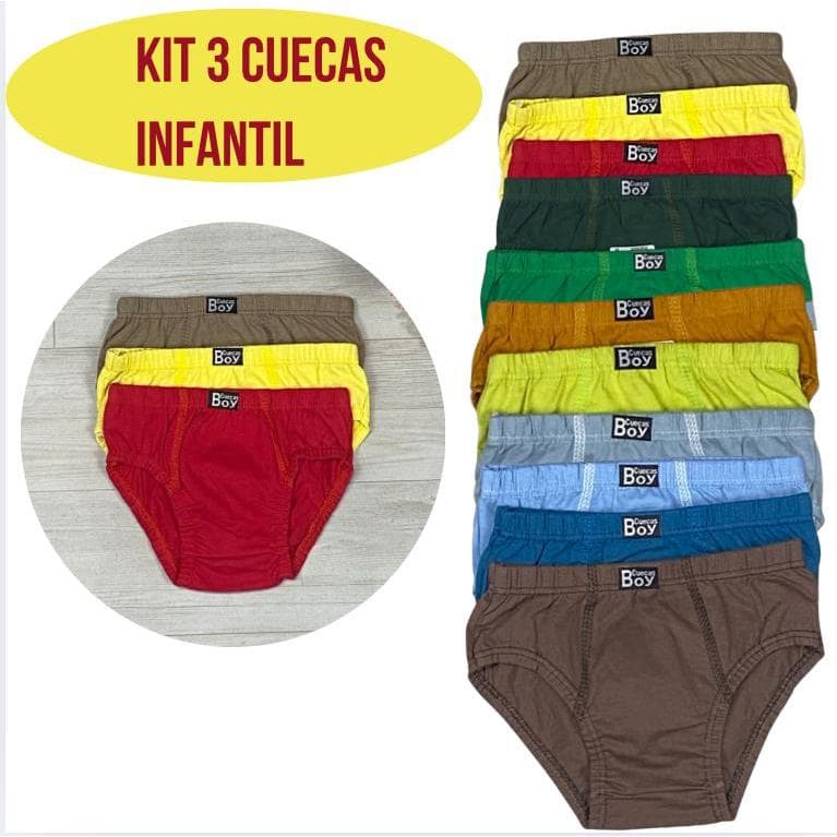 KIT 3 CUECAS INFANTIL 100% ALGODÃO ANTIALÉRGICO CONFORTO E QUALIDADE P M G