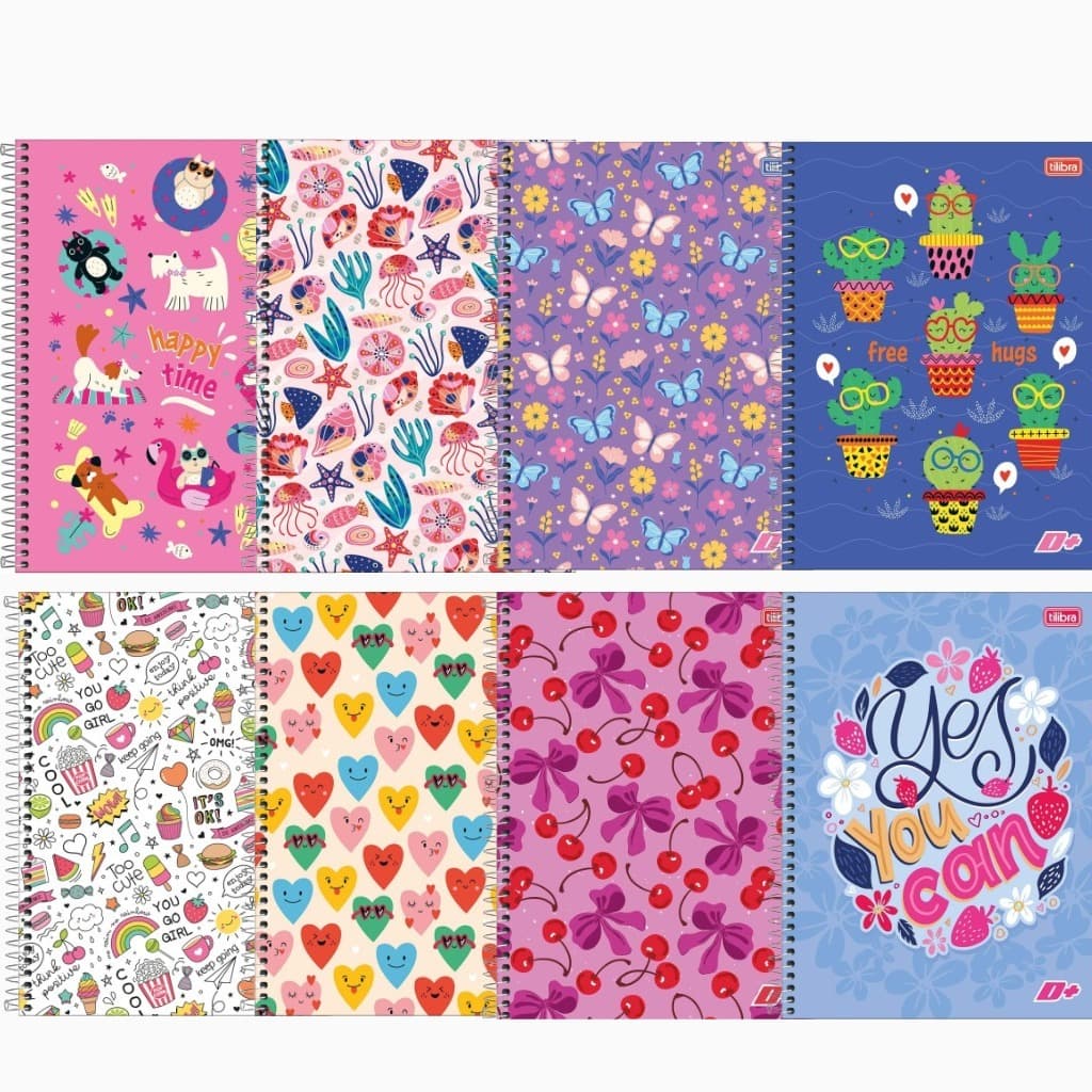 kit 8 Cadernos Espiral Capa Dura Universitário 1 Matéria D+ Tilibra Feminino 96 Folhas