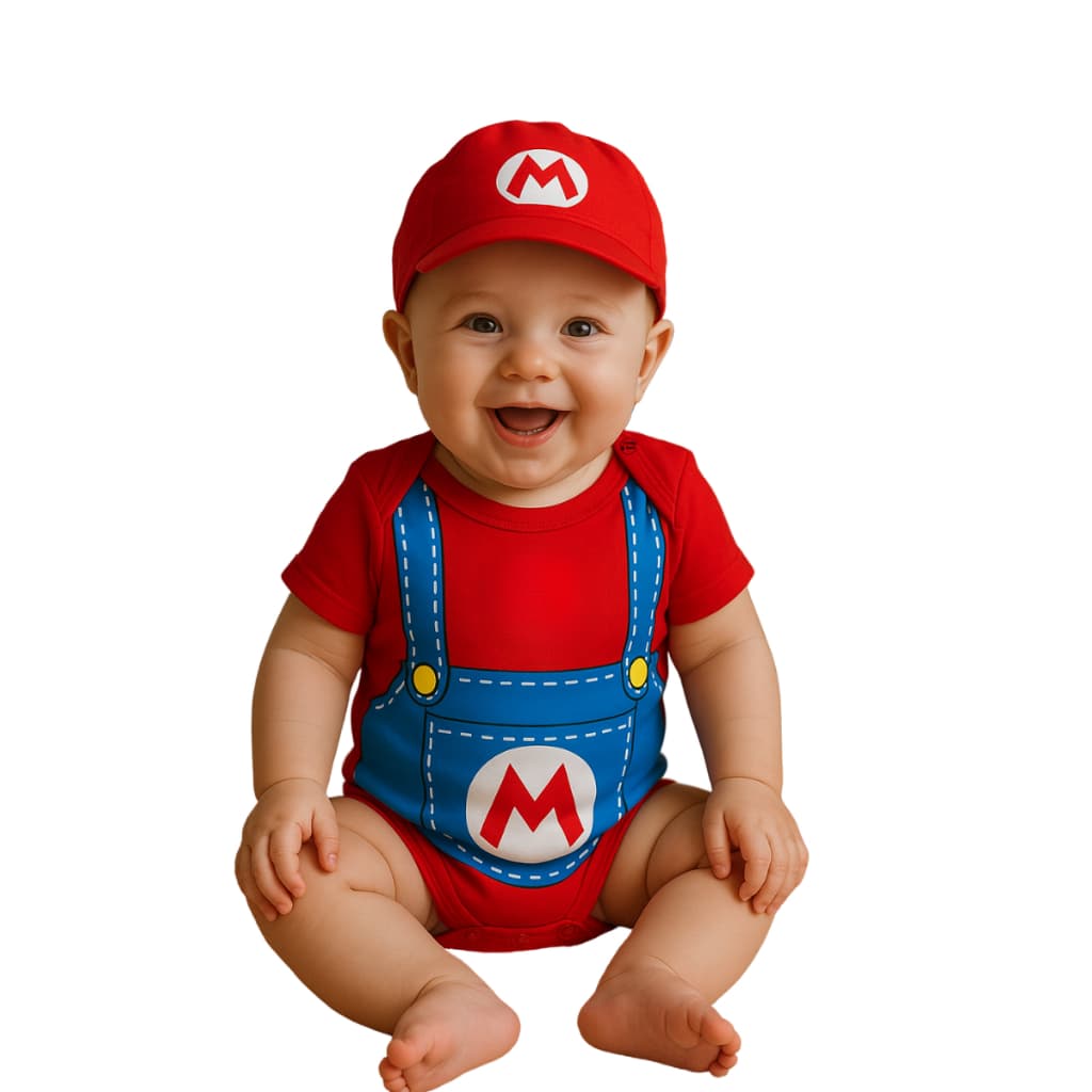 Kit Body Bebê Personalizado Mesversário Super Mário Bross Menino + boina Temático