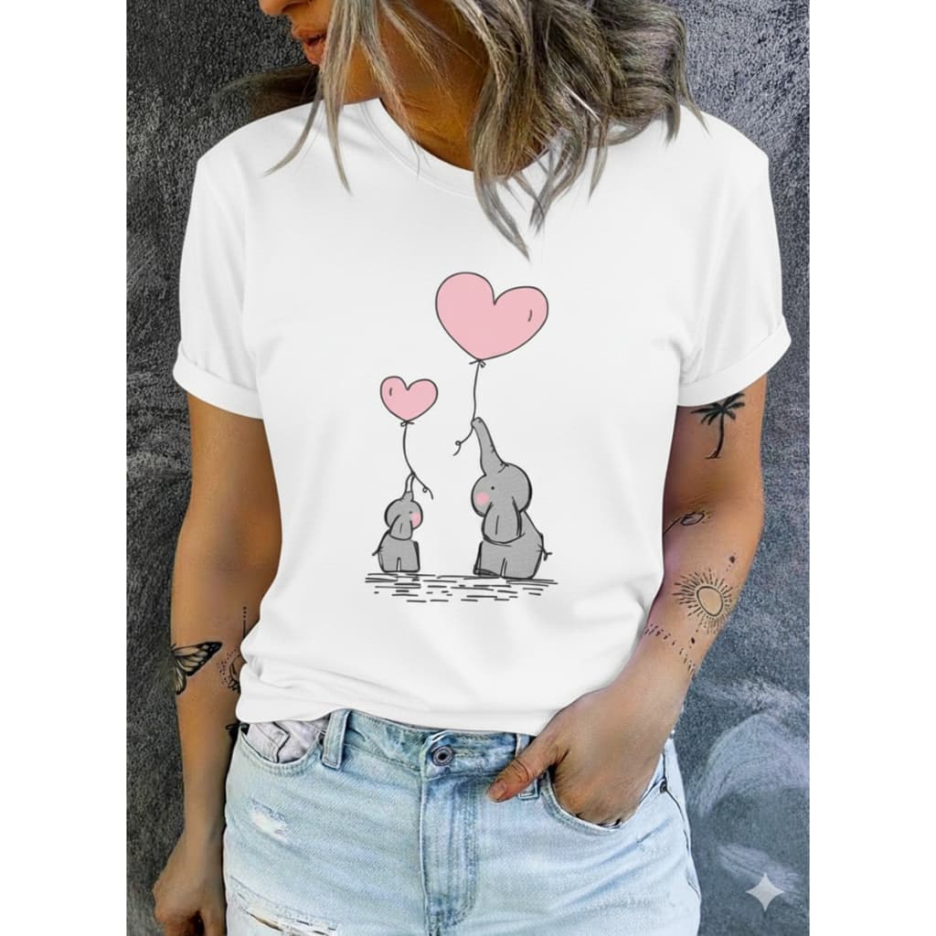 Camiseta Algodão Adulto Infantil Plus Size Elefante Fofo Amor Balão Coração Streetwear Moda Premium