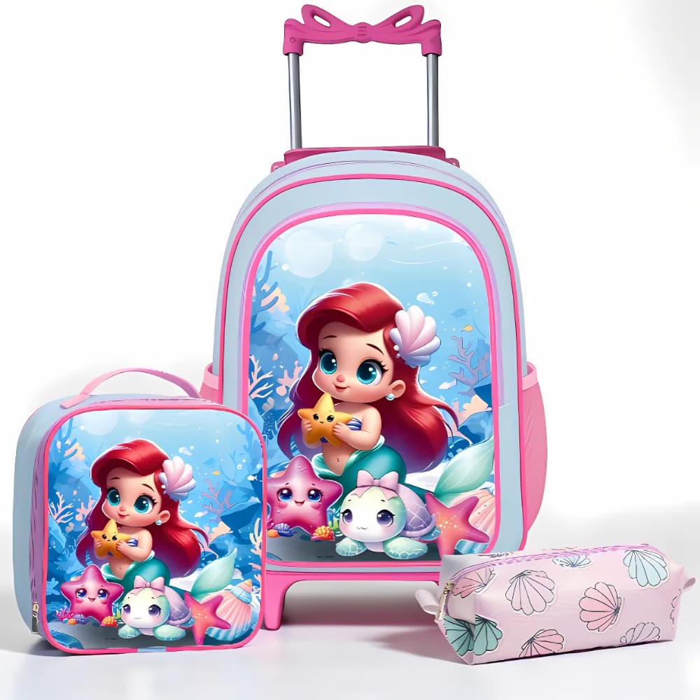 Kit Completo Escolar Sereia Feminina Mochila Rodinha + Lancheira + Estojo  Resistente