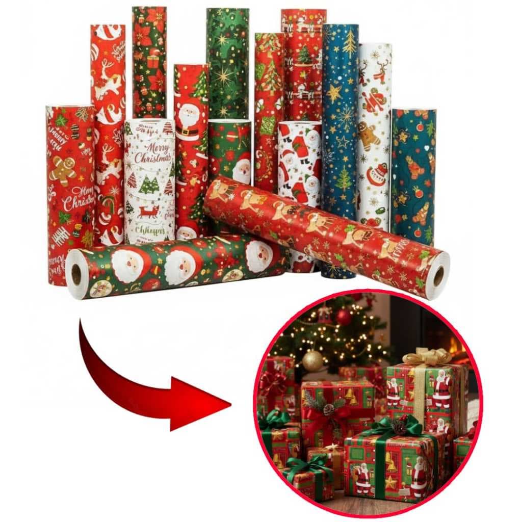 Papel De Presente Estampas De Natal Bobina Couchê 60cm X 100m