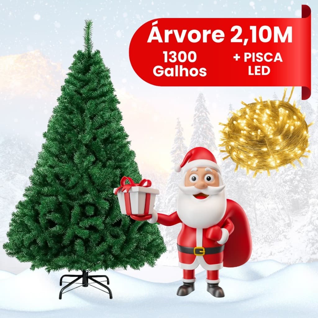 Árvore De Natal 2,10 c/1300 Galhos Luxo + Pisca LED 10 metros Árvore Premium Cheia Pinheiro