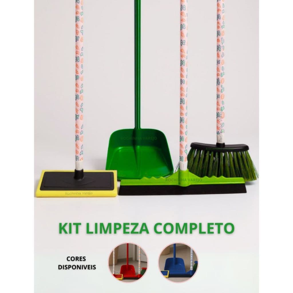 Kit Faxina Completo Vassoura Rodo 40cm Lava Azulejo Esfregão e Pá de Lixo com Cabo