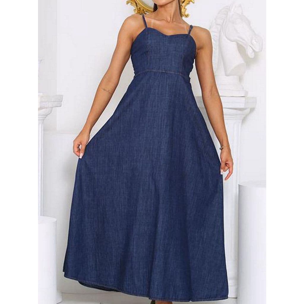 Vestido feminino longo jeans com alça regulável envio imediato