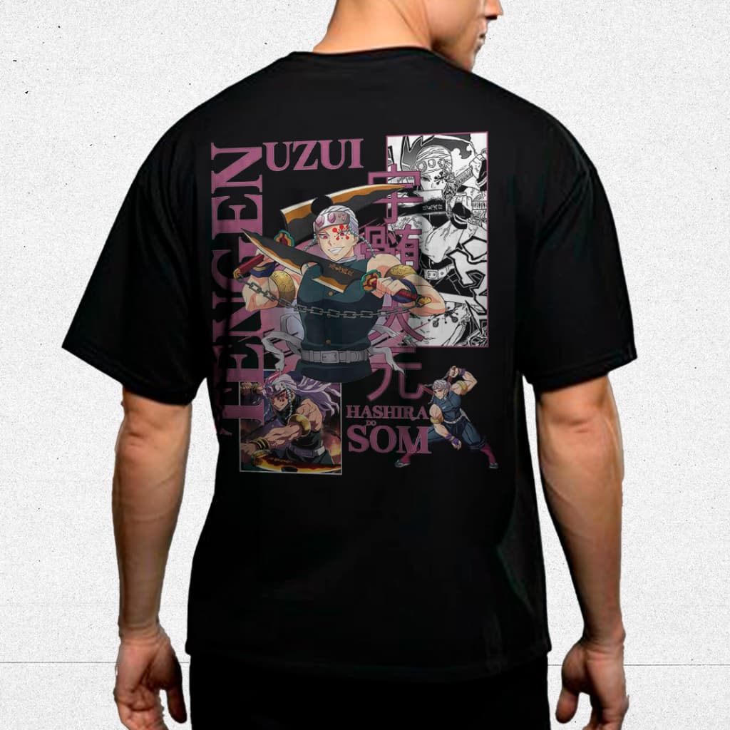 Camiseta Preta Demon Slayer Anime  Masculina Estampada Tenzen Uzui Algodão 30.1