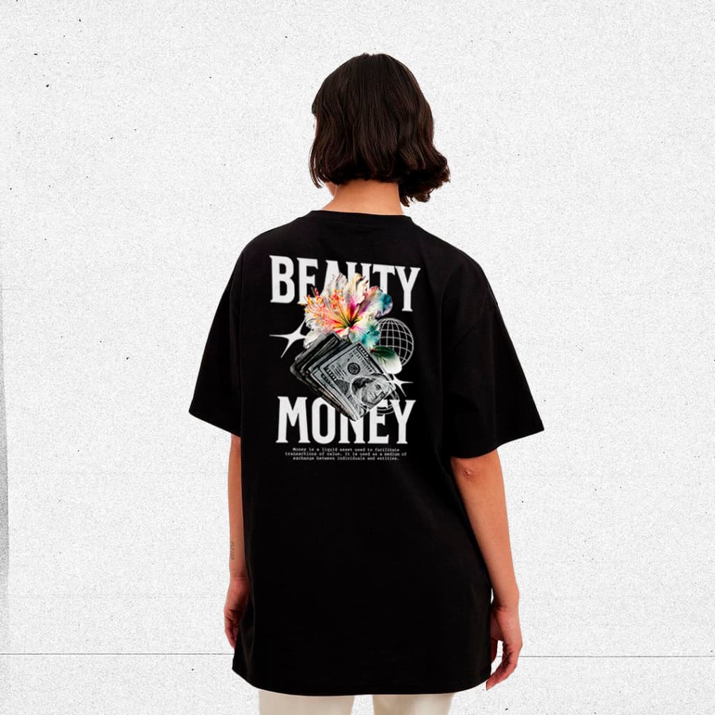 Camiseta Feminina e Masculina Preta Beauty Money Streetwear Camisa 100% Algodão Tendencia Moda 2025